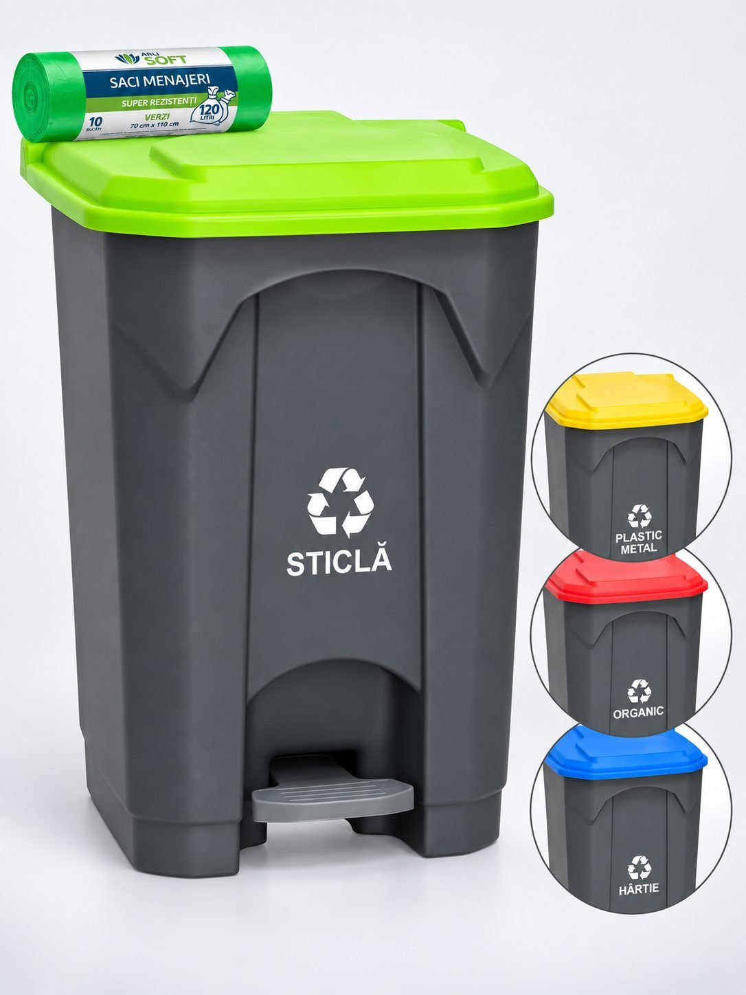 Pubela de gunoi cu pedala pt colectare selectiva deseuri din sticla, 68 litri + 10 saci verzi ArliSoft 120 litri