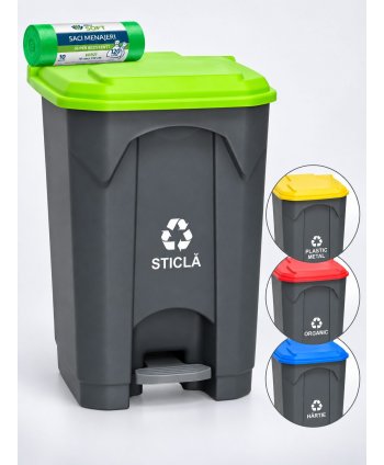 Pubela de gunoi cu pedala pt colectare selectiva deseuri din sticla, 68 litri + 10 saci verzi ArliSoft 120 litri