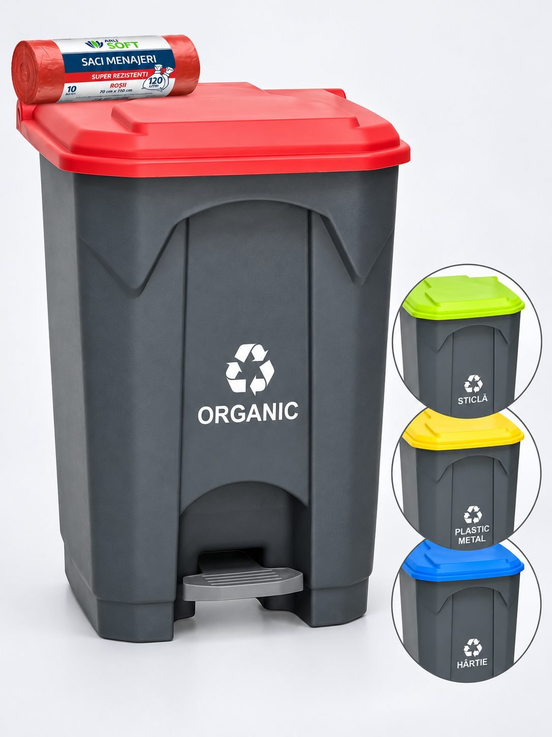 Pubela de gunoi cu pedala pt colectare selectiva deseuri organice, 68 litri + 10 saci rosii ArliSoft 120 litri