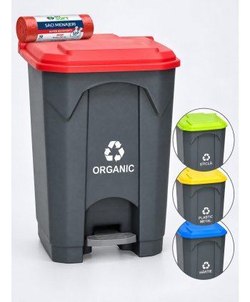 Pubela de gunoi cu pedala pt colectare selectiva deseuri organice, 68 litri + 10 saci rosii ArliSoft 120 litri