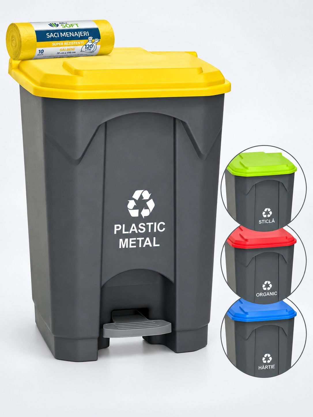 Pubela de gunoi cu pedala pt colectare selectiva deseuri din plastic, 68 litri + 10 saci galbeni ArliSoft 120 litri