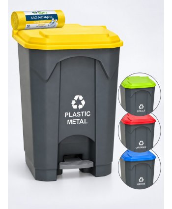 Pubela de gunoi cu pedala pt colectare selectiva deseuri din plastic, 68 litri + 10 saci galbeni ArliSoft 120 litri