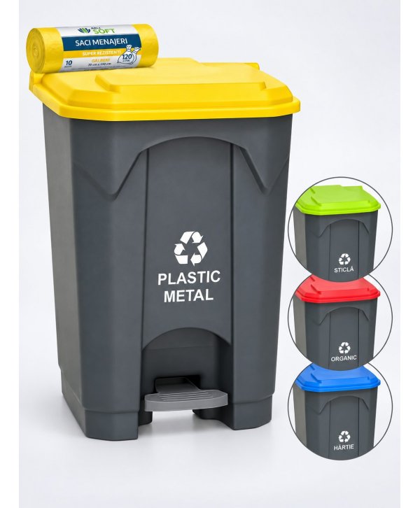 Pubela de gunoi cu pedala pt colectare selectiva deseuri din plastic, 68 litri + 10 saci galbeni ArliSoft 120 litri