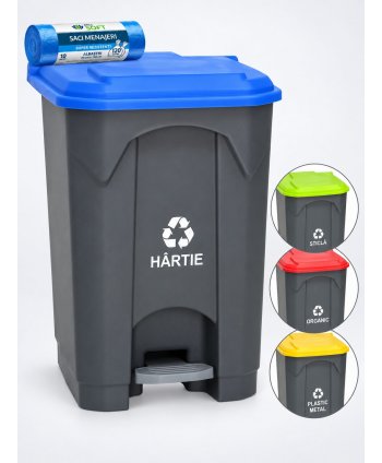 Pubela de gunoi cu pedala pt colectare selectiva deseuri din hartie, 68 litri + 10 saci albastri ArliSoft 120 litri