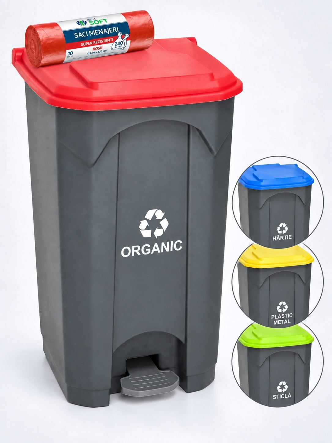 Pubela de gunoi cu pedala pt colectare selectiva deseuri organice, 87 litri + 10 saci rosii ArliSoft 240 litri