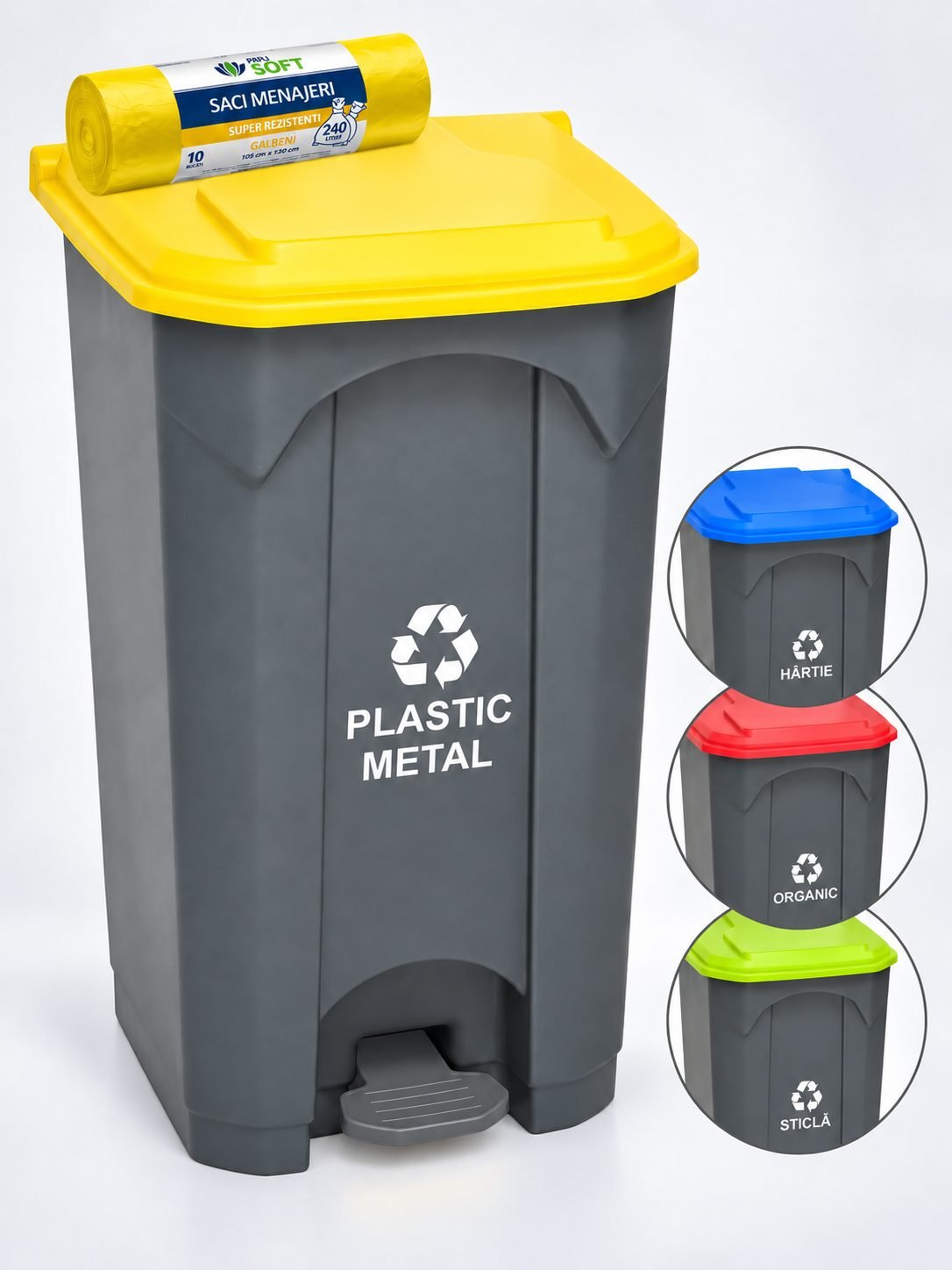 Pubela de gunoi cu pedala pt colectare selectiva deseuri din plastic, 87 litri + 10 saci galbeni ArliSoft 240 litri