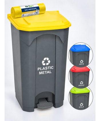 Pubela de gunoi cu pedala pt colectare selectiva deseuri din plastic, 87 litri + 10 saci galbeni ArliSoft 240 litri
