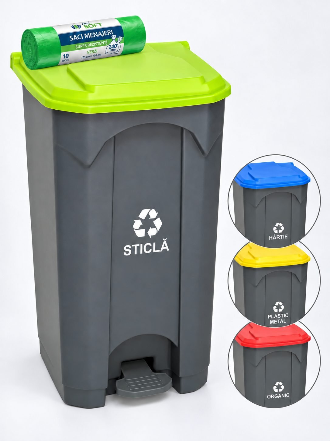 Pubela de gunoi cu pedala pt colectare selectiva deseuri din sticla, 87 litri + 10 saci verzi ArliSoft 240 litri
