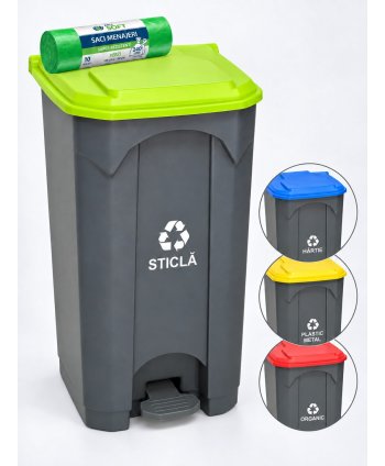 Pubela de gunoi cu pedala pt colectare selectiva deseuri din sticla, 87 litri + 10 saci verzi ArliSoft 240 litri