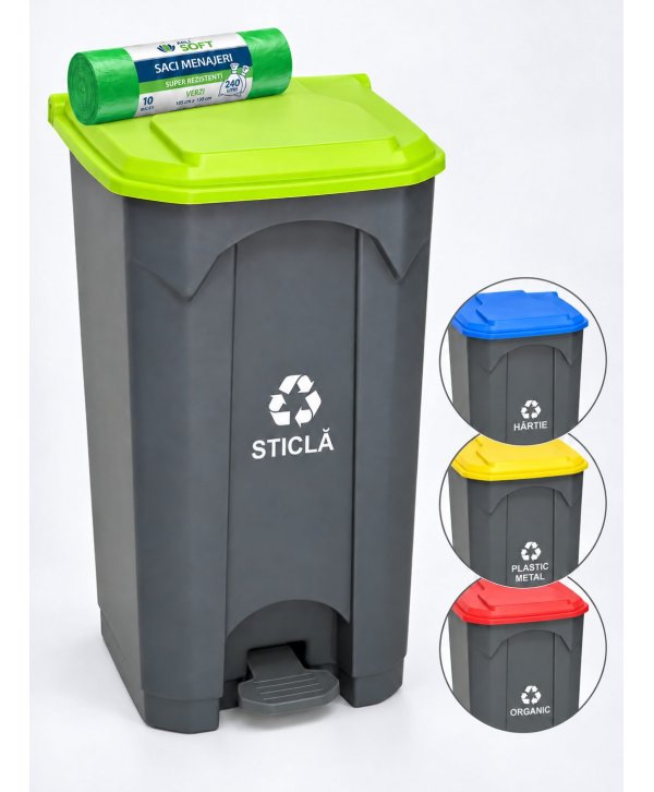 Pubela de gunoi cu pedala pt colectare selectiva deseuri din sticla, 87 litri + 10 saci verzi ArliSoft 240 litri Pubela de gunoi cu pedala pt colectare selectiva deseuri din sticla, 87 litri + 10 saci verzi ArliSoft 240 litri