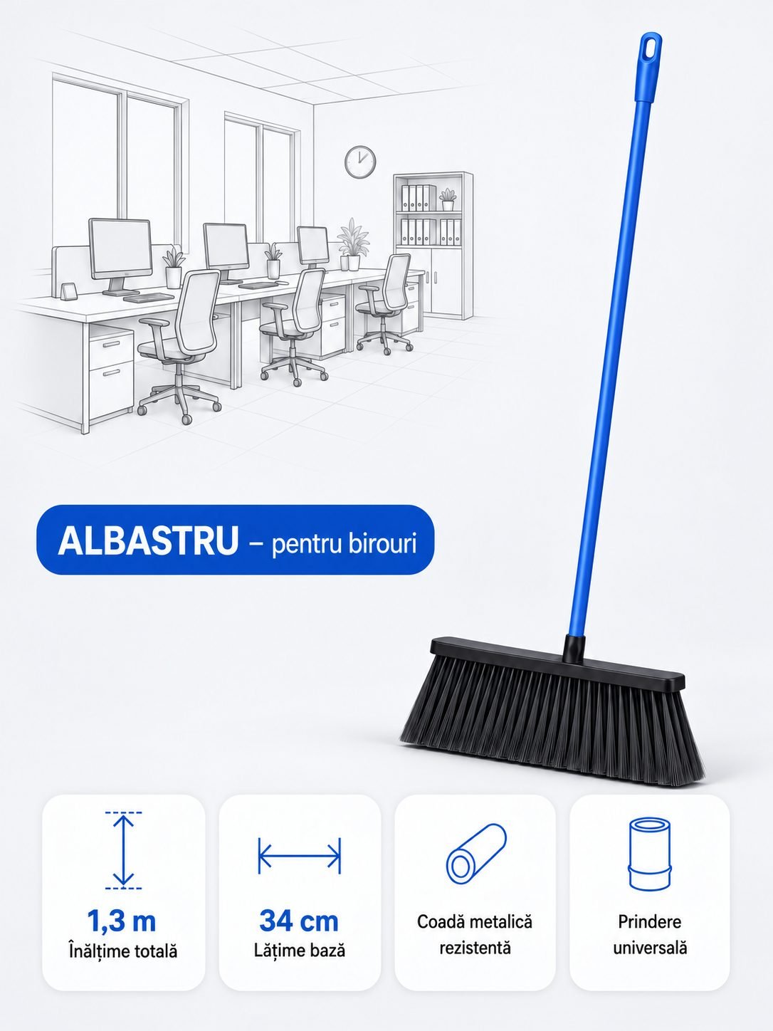 Mătură cu coadă metalică albastră, 1,3 m, lățime 34 cm – pentru birouri