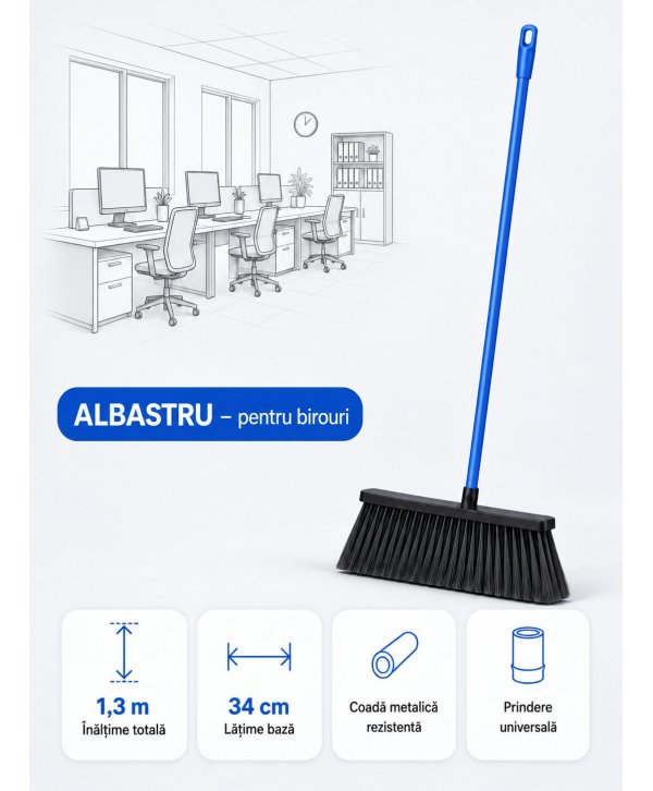 Mătură cu coadă metalică albastră, 1,3 m, lățime 34 cm – pentru birouri Mătură cu coadă metalică albastră, 1,3 m, lățime 34 cm – pentru birouri