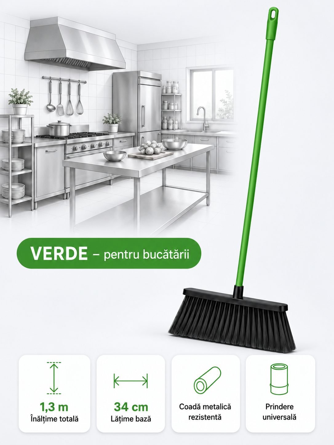 Mătură cu coadă metalică verde, 1,3 m, lățime 34 cm – pentru bucătării
