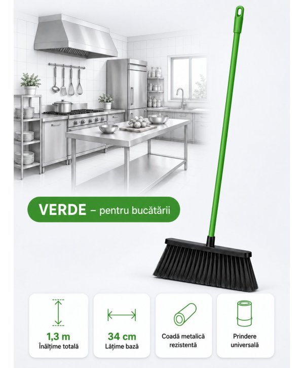 Mătură cu coadă metalică verde, 1,3 m, lățime 34 cm – pentru bucătării Mătură cu coadă metalică verde, 1,3 m, lățime 34 cm – pentru bucătării