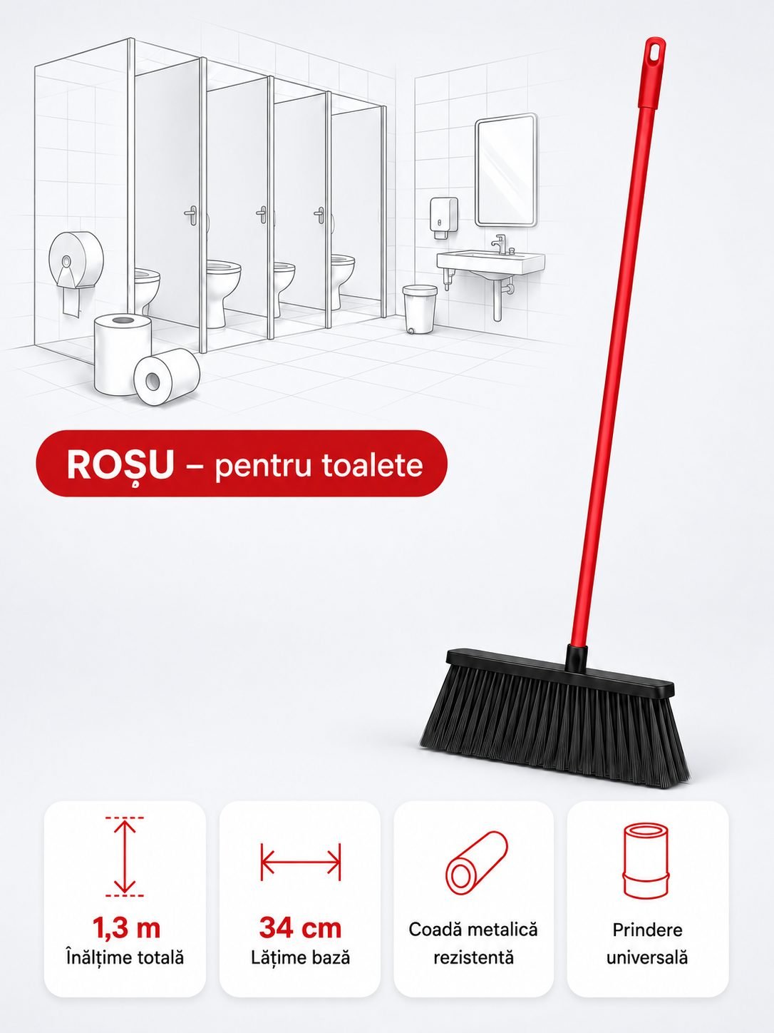 Mătură cu coadă metalică roșie, 1,3 m, lățime 34 cm – pentru toalete