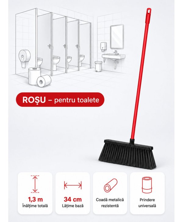 Mătură cu coadă metalică roșie, 1,3 m, lățime 34 cm – pentru toalete Mătură cu coadă metalică roșie, 1,3 m, lățime 34 cm – pentru toalete