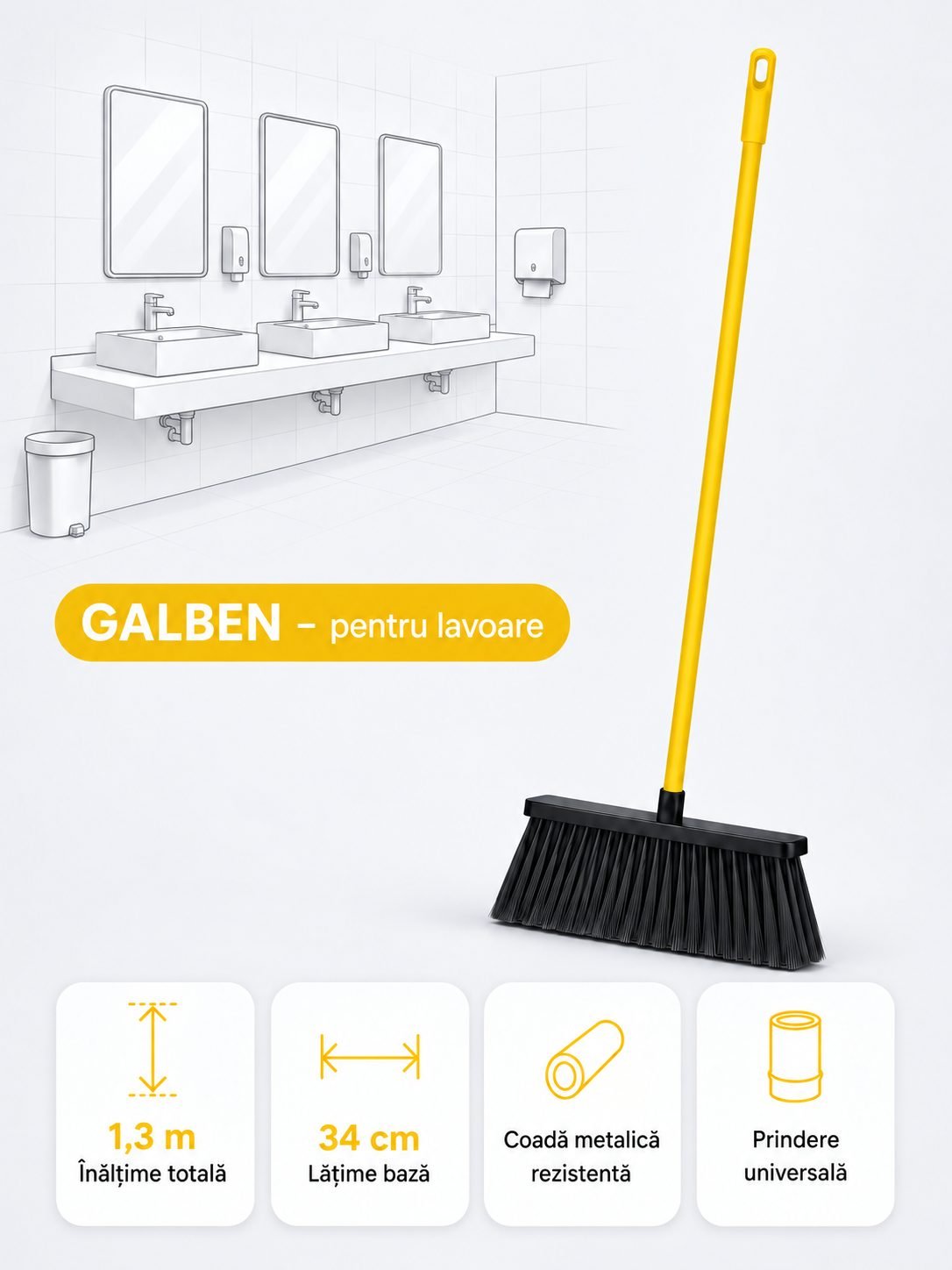 Mătură cu coadă metalică galbenă, 1,3 m, lățime 34 cm – pentru lavoare