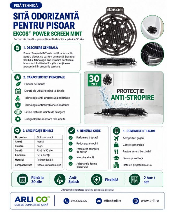 EKCOS® Power Screen Mint - 2 Site Odorizante Profesionale pt Pisoar, anti stropire, antibacteriene, antimicrobiene