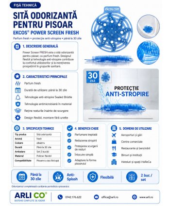 EKCOS® Power Screen Fresh - 2 Site Odorizante Profesionale pt Pisoar, anti stropire, antibacteriene, antimicrobiene