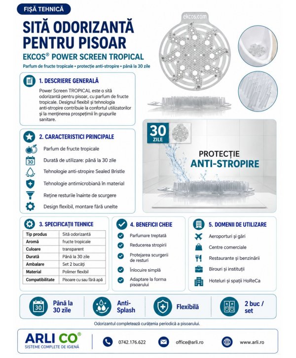 EKCOS® Power Screen Tropical - 2 Site Odorizante Profesionale pt Pisoar, anti stropire, antibacteriene, antimicrobiene EKCOS® Power Screen Tropical - 2 Site Odorizante Profesionale pt Pisoar, anti stropire, antibacteriene, antimicrobiene