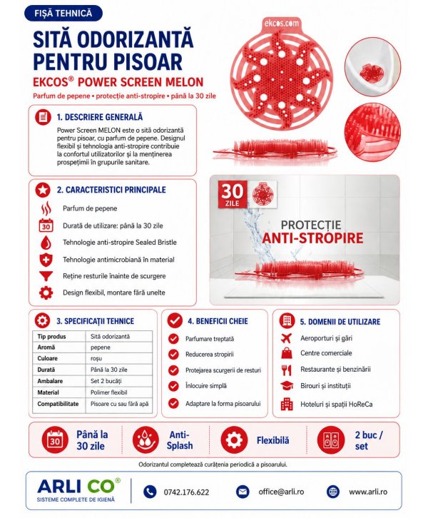 EKCOS® Power Screen Melon - 2 Site Odorizante Profesionale pt Pisoar, anti stropire, antibacteriene, antimicrobiene