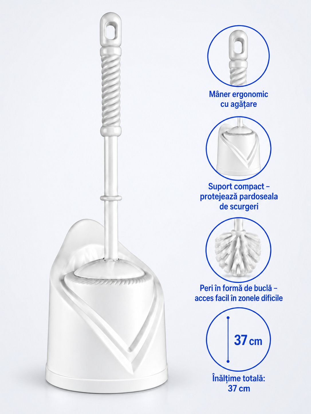 Perie WC cu Suport din Plastic – Design Compact, Poziționare Pardoseală, Ușoară și Practică pentru Utilizare Zilnică