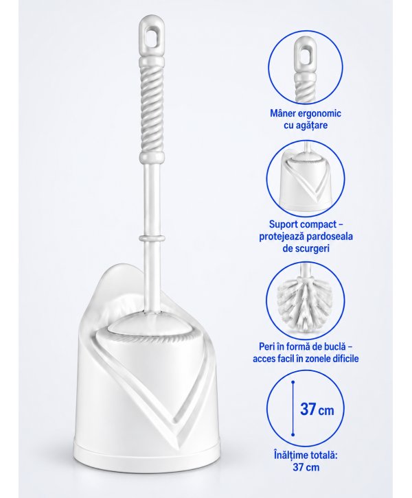 Perie WC cu Suport din Plastic – Design Compact, Poziționare Pardoseală, Ușoară și Practică pentru Utilizare Zilnică