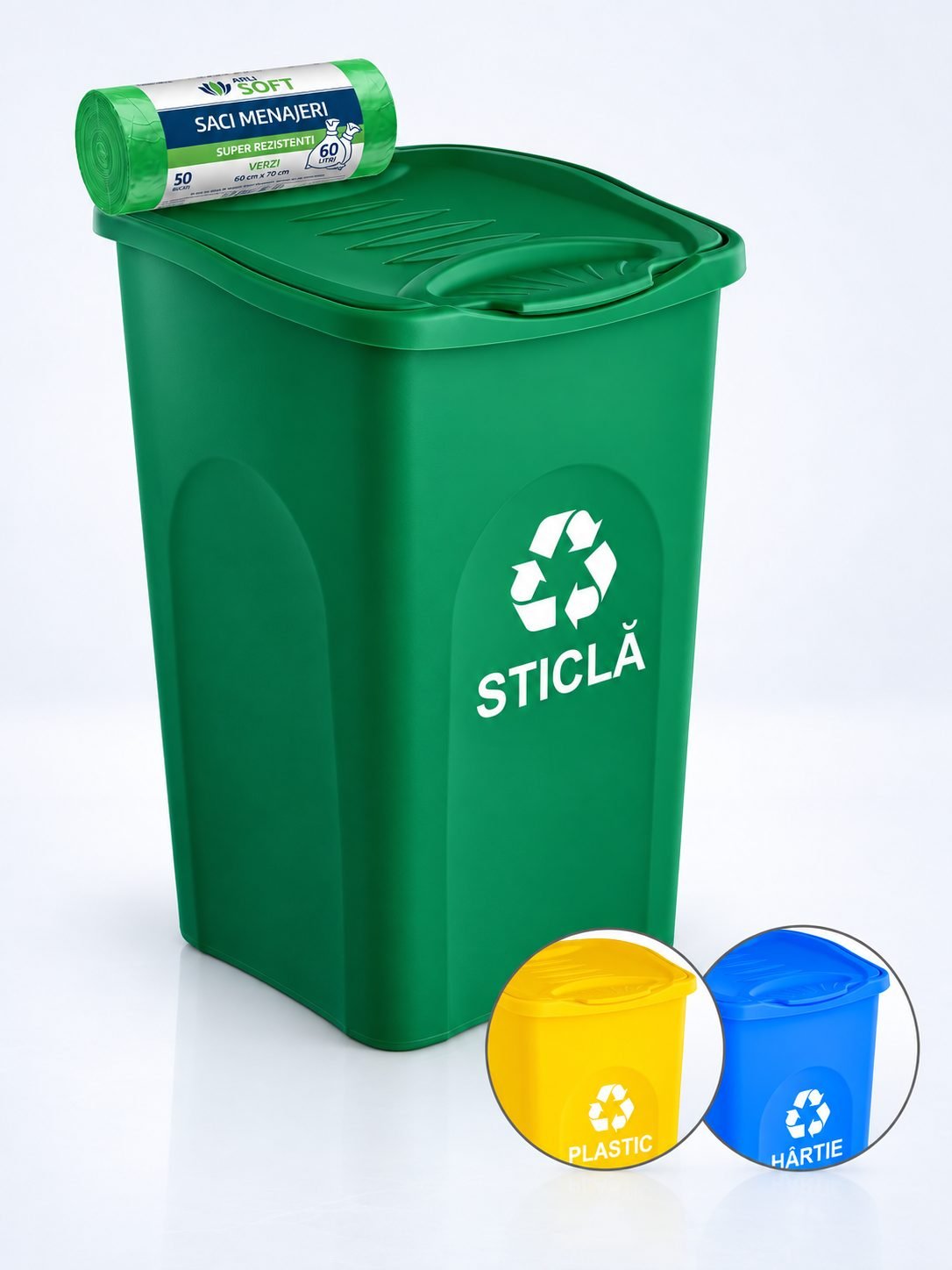 Cos de gunoi pt colectare selectiva deseuri sticla 50 litri, capac cu balamale