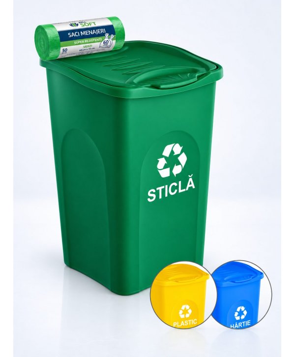 Cos de gunoi pt colectare selectiva deseuri sticla 50 litri, capac cu balamale