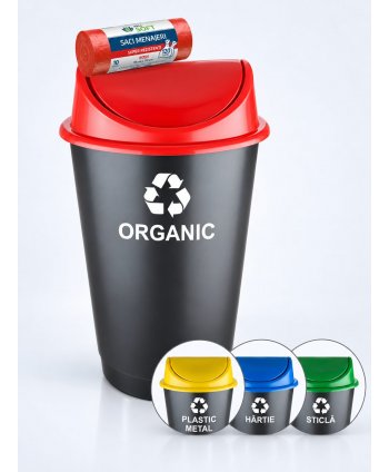 Cos de gunoi pt colectare selectiva deseuri organice, 60 litri, capac batant + 10 saci rosii ArliSoft 120 litri