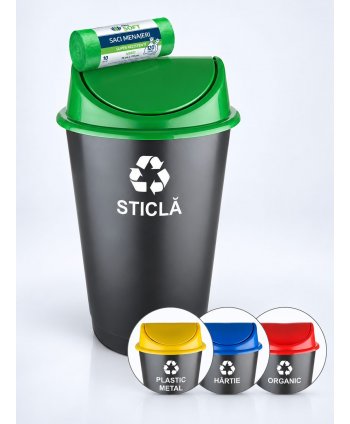 Cos de gunoi pt colectare selectiva deseuri din sticla, 60 litri, capac batant + 10 saci verzi ArliSoft 120 litri
