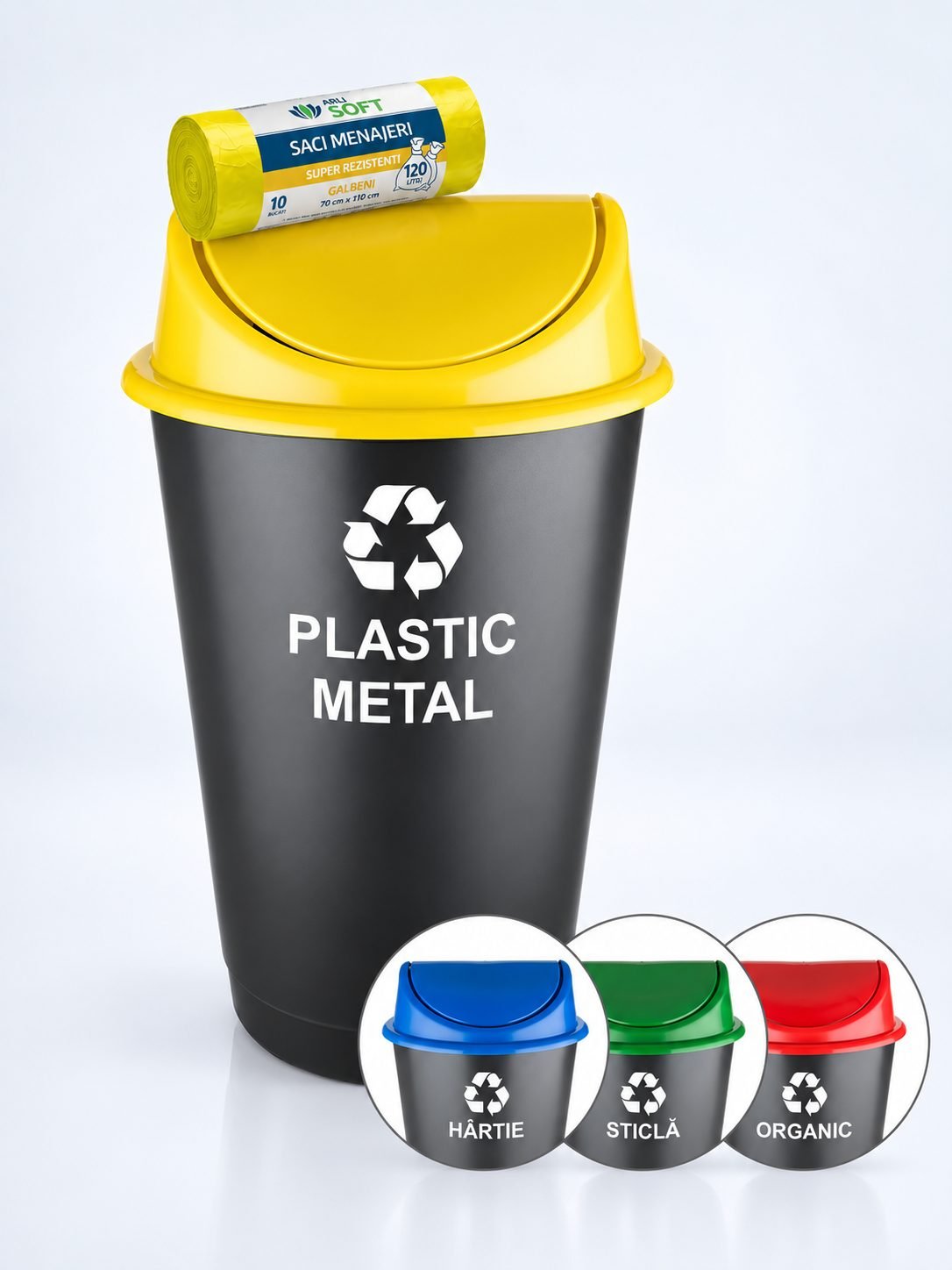 Cos de gunoi pt colectare selectiva deseuri din plastic, 60 litri, capac batant + 10 saci galbeni ArliSoft 120 litri