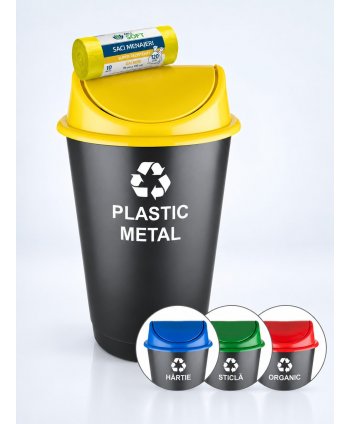 Cos de gunoi pt colectare selectiva deseuri din plastic, 60 litri, capac batant + 10 saci galbeni ArliSoft 120 litri