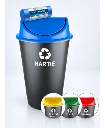 Cos de gunoi pt colectare selectiva deseuri din hartie, 60 litri, capac batant + 10 saci albastri ArliSoft 120 litri