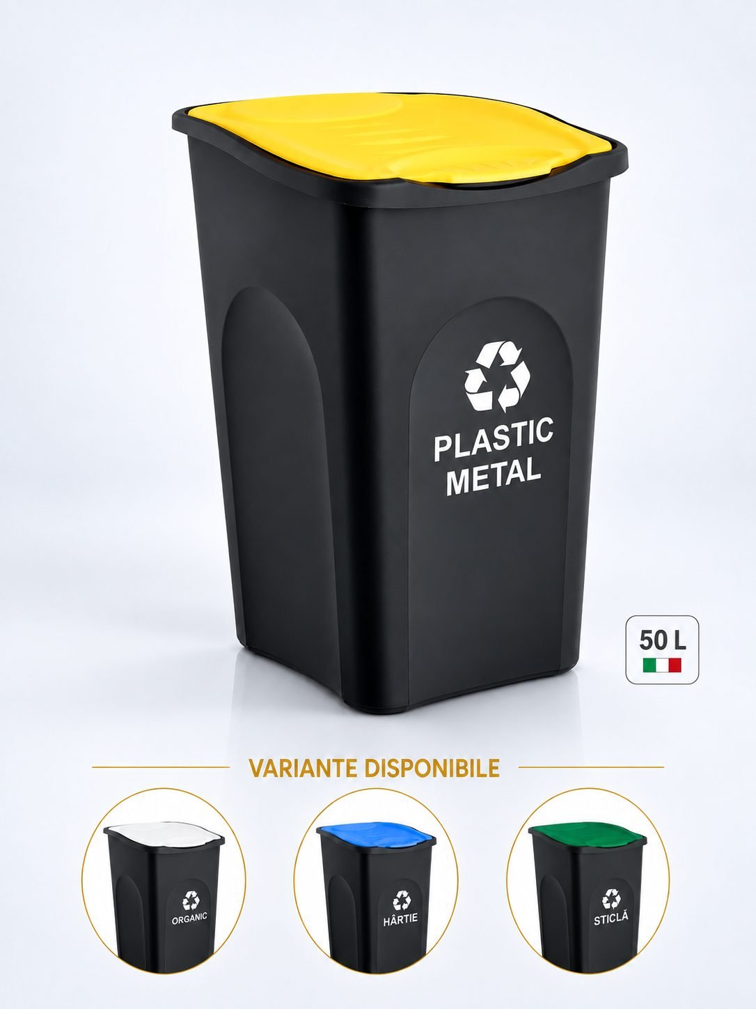 Cos de gunoi colectare selectiva deseuri din plastic EcoGreen 50 litri, cu capac