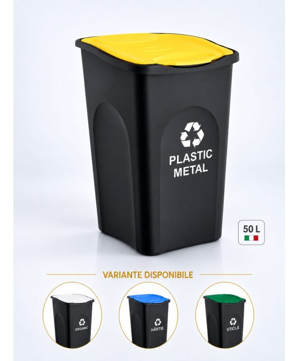 Cos de gunoi colectare selectiva deseuri din plastic EcoGreen 50 litri, cu capac