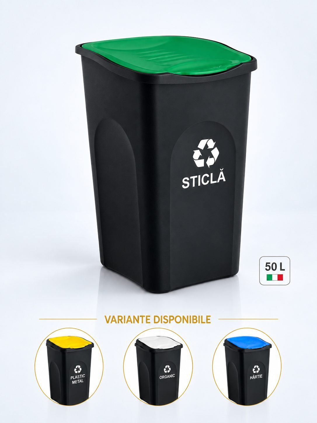 Cos de gunoi colectare selectiva deseuri din sticla EcoGreen 50 litri, cu capac