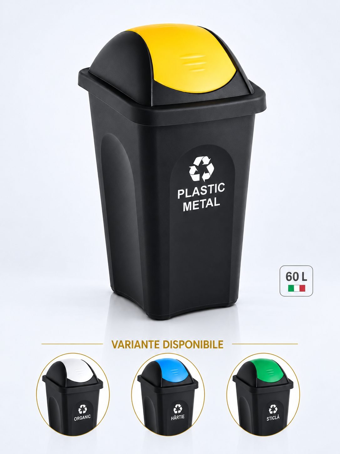 Cos de gunoi pt colectare selectiva deseuri din plastic 60 litri, capac batant