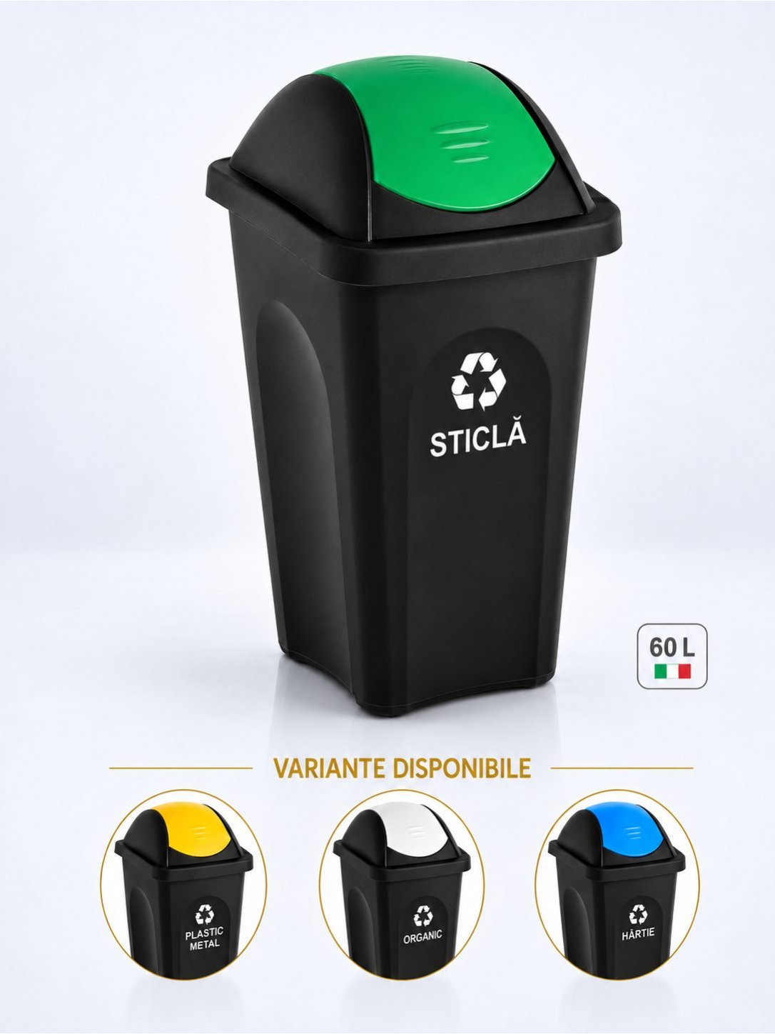 Cos de gunoi pt colectare selectiva deseuri din sticla 60 litri, capac batant