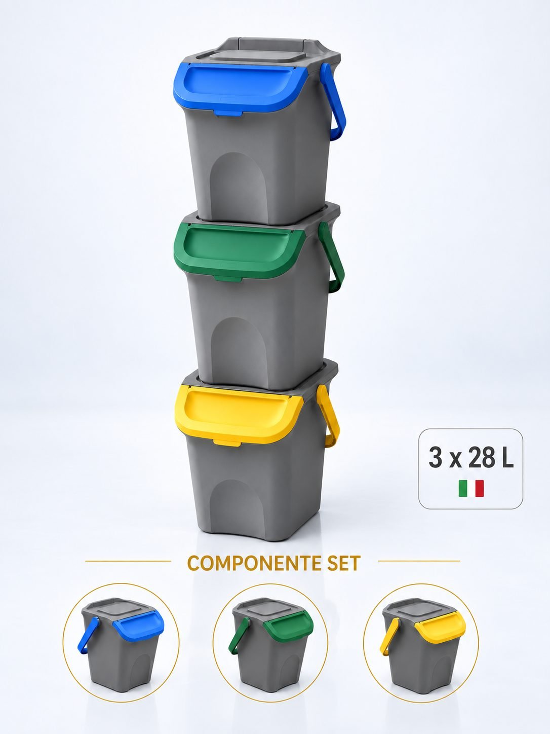 Set Coșuri de Gunoi Stivuibile 3x28 L - Sistem Complet pentru Colectare Selectivă