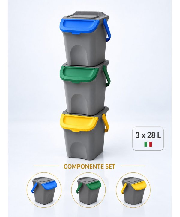 Set Coșuri de Gunoi Stivuibile 3x28 L - Sistem Complet pentru Colectare Selectivă