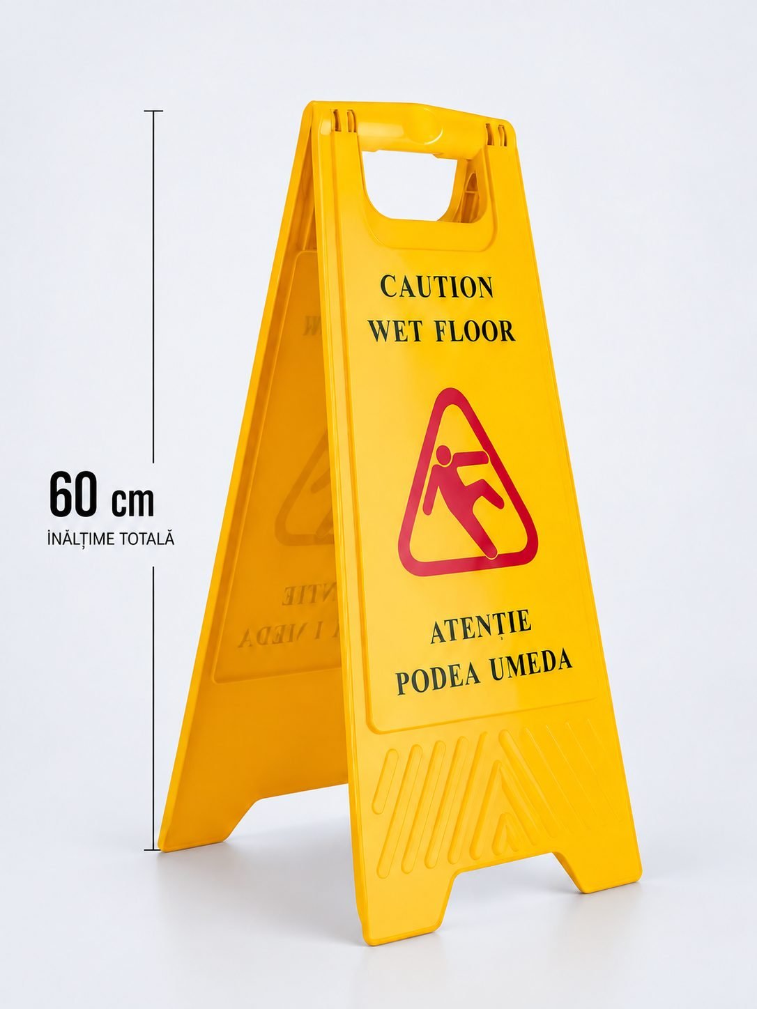 Semnalizator "ATENTIE PODEA UMEDA" Inaltime 60 cm, romana / engleza, fabricat in Spania