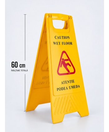 Semnalizator "ATENTIE PODEA UMEDA" Inaltime 60 cm, romana / engleza, fabricat in Spania