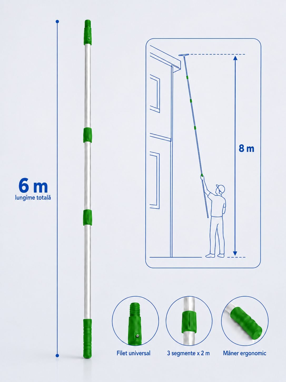 Mâner telescopic profesional din aluminiu, 6 m, 3 segmente x 2 m – filet universal