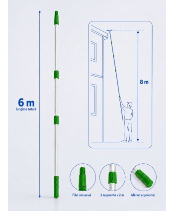 Mâner telescopic profesional din aluminiu, 6 m, 3 segmente x 2 m – filet universal