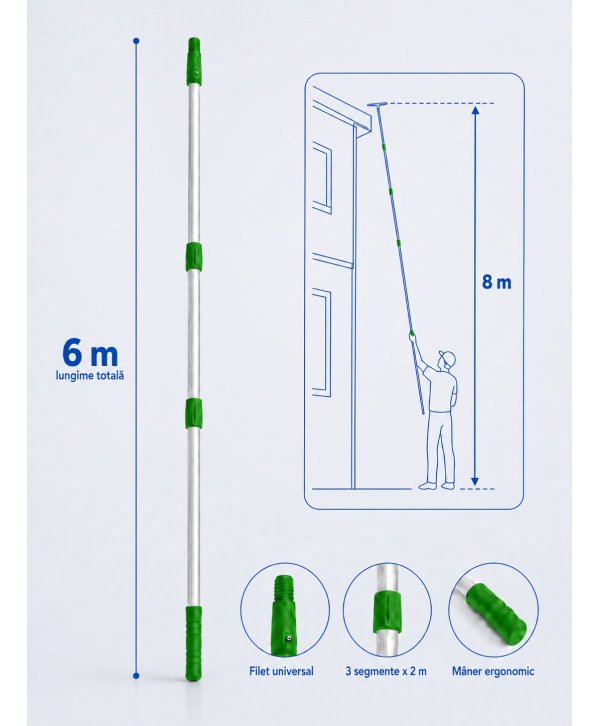Mâner telescopic profesional din aluminiu, 6 m, 3 segmente x 2 m – filet universal Mâner telescopic profesional din aluminiu, 6 m, 3 segmente x 2 m – filet universal