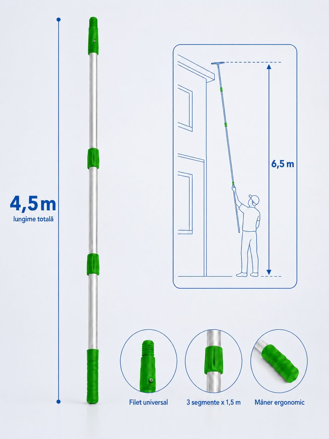 Mâner Telescopic Profesional din Aluminiu pentru  Curățenie la Înălțime Mare - 4,5 metri (3 buc x 1,5 metri)