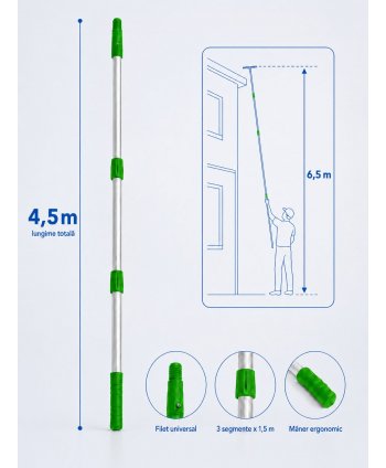 Mâner Telescopic Profesional din Aluminiu pentru  Curățenie la Înălțime Mare - 4,5 metri (3 buc x 1,5 metri)