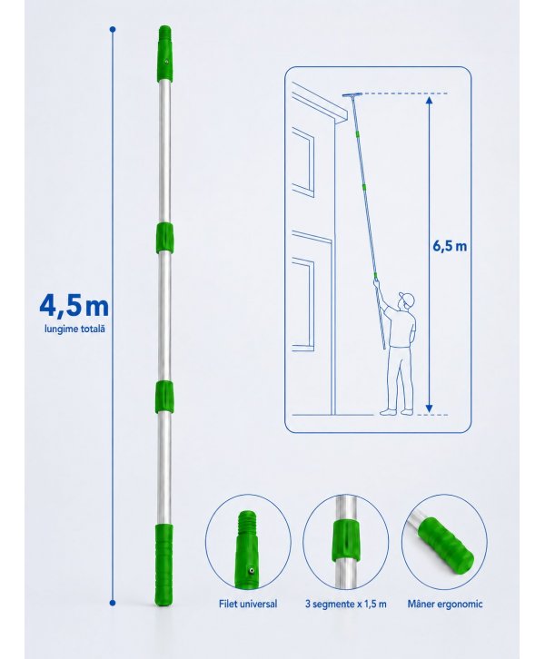 Mâner Telescopic Profesional din Aluminiu pentru Curățenie la Înălțime Mare - 4,5 metri (3 buc x 1,5 metri) Mâner Telescopic Profesional din Aluminiu pentru Curățenie la Înălțime Mare - 4,5 metri (3 buc x 1,5 metri)