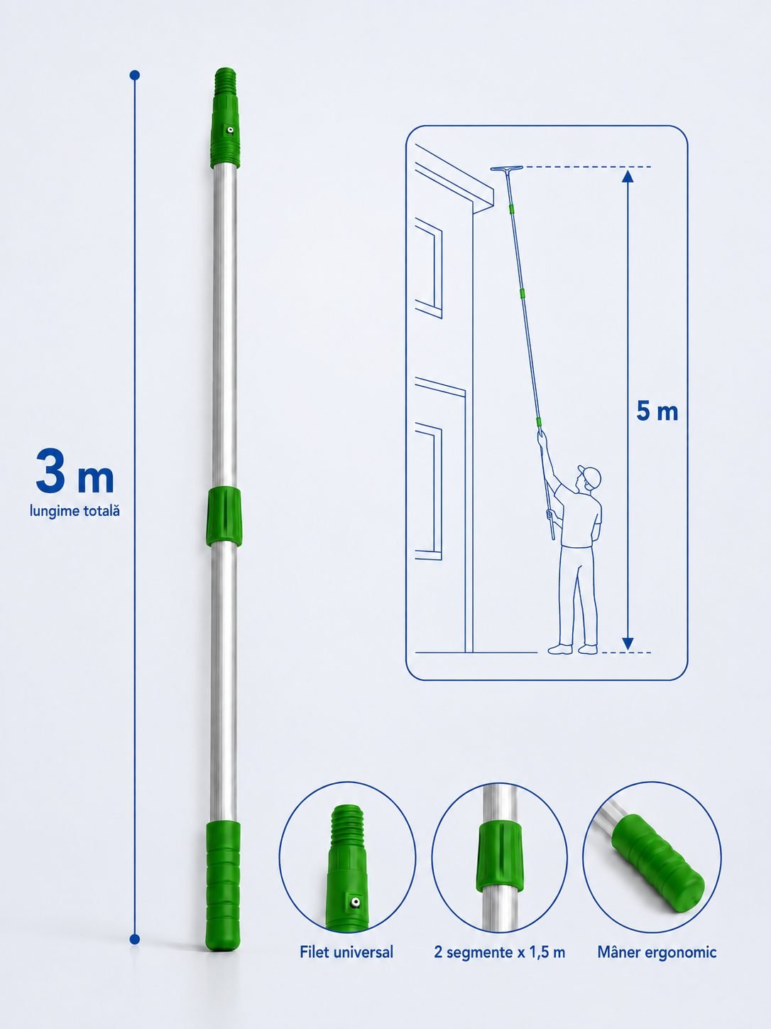 Mâner Telescopic Profesional din Aluminiu pentru  Curățenie la Înălțime - 3 metri (2 buc x 1,5 metri)